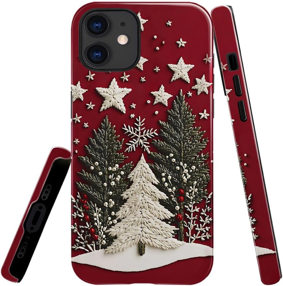Generic Case Compatible with iPhone 12,Scratch Resistant Hybrid 2-Layer Hard Shell Bright Phone Case,Winter Christmas Tree Star Red Winter Christmas Tree Star Red iPhone 12
