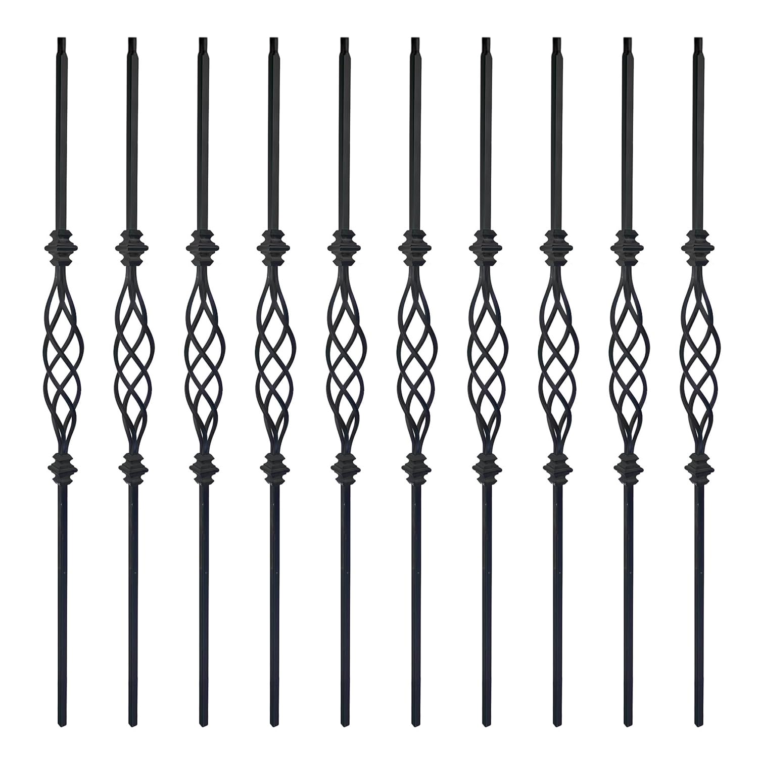 Elecmate Iron Balusters for Staircase Interior (Box of 10) Stair Spindles 1/2" Square Metal Balusters - Hollow Single Basket Double Twist Staircase Spindles (Real Satin Black), E05