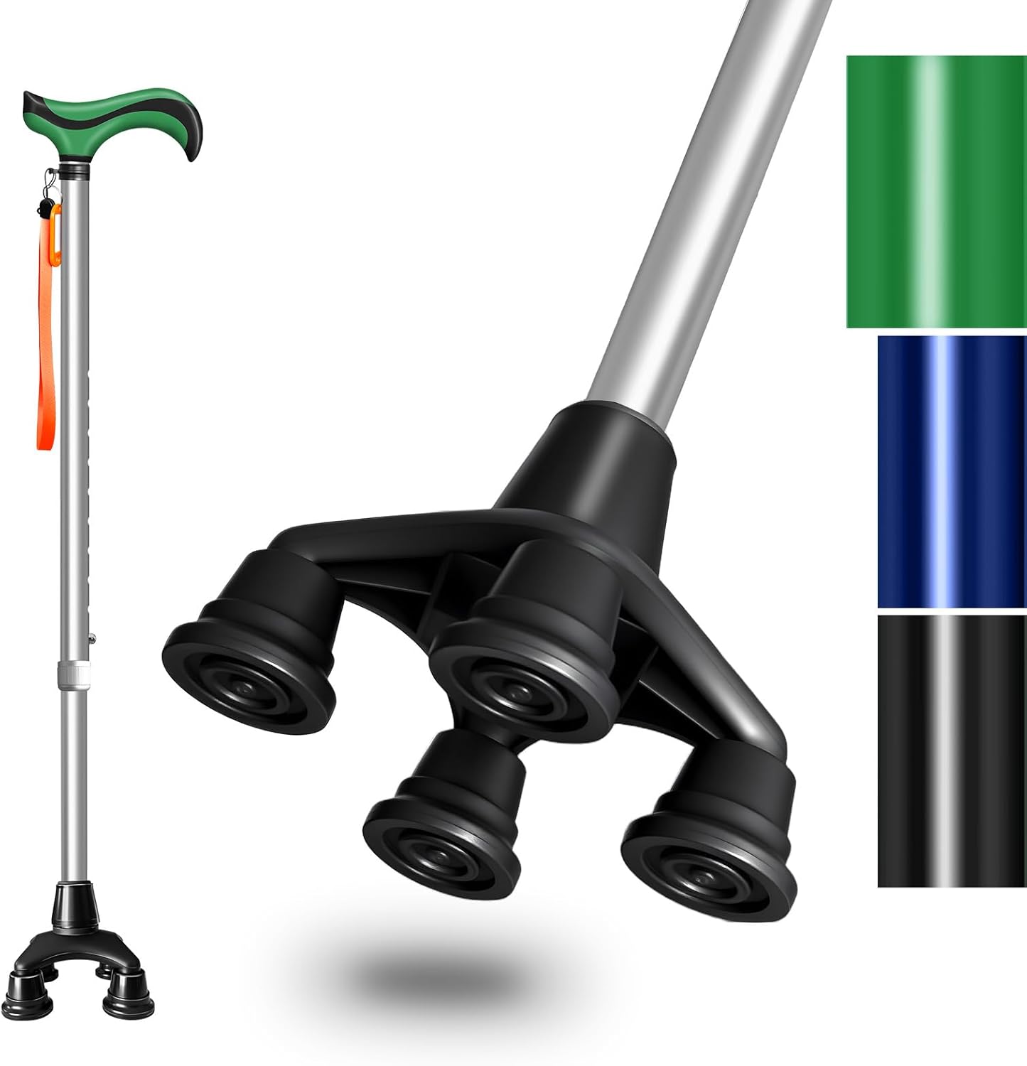 deomai quad cane self standing adjustable walking cane for men women seniors with comfort grip handle 360° pivoting cane for all-terrain lightweight & durable green