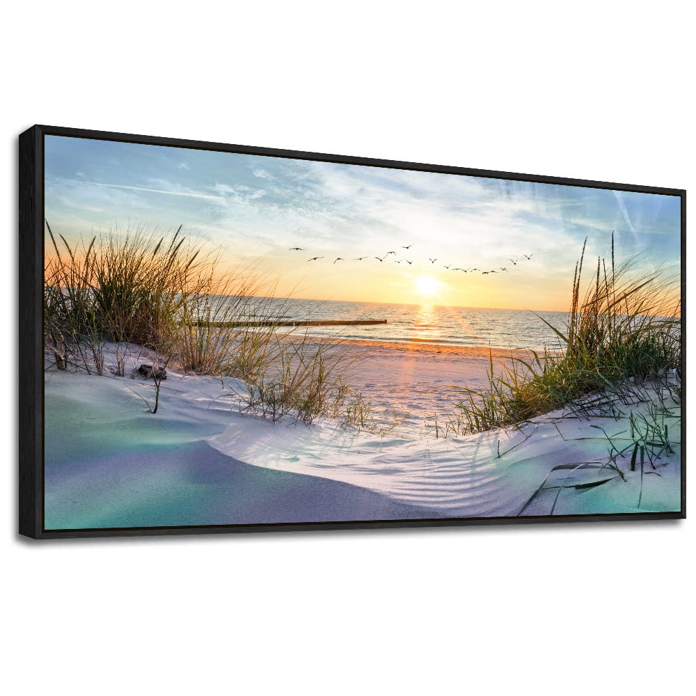Black Wood Framed Canvas Wall Art - Large Size Ocean Beach Seascape Wall Pictures - Sunny Sea Theme - 24" X 48" - For Living Room, Bedroom & Office Decor
