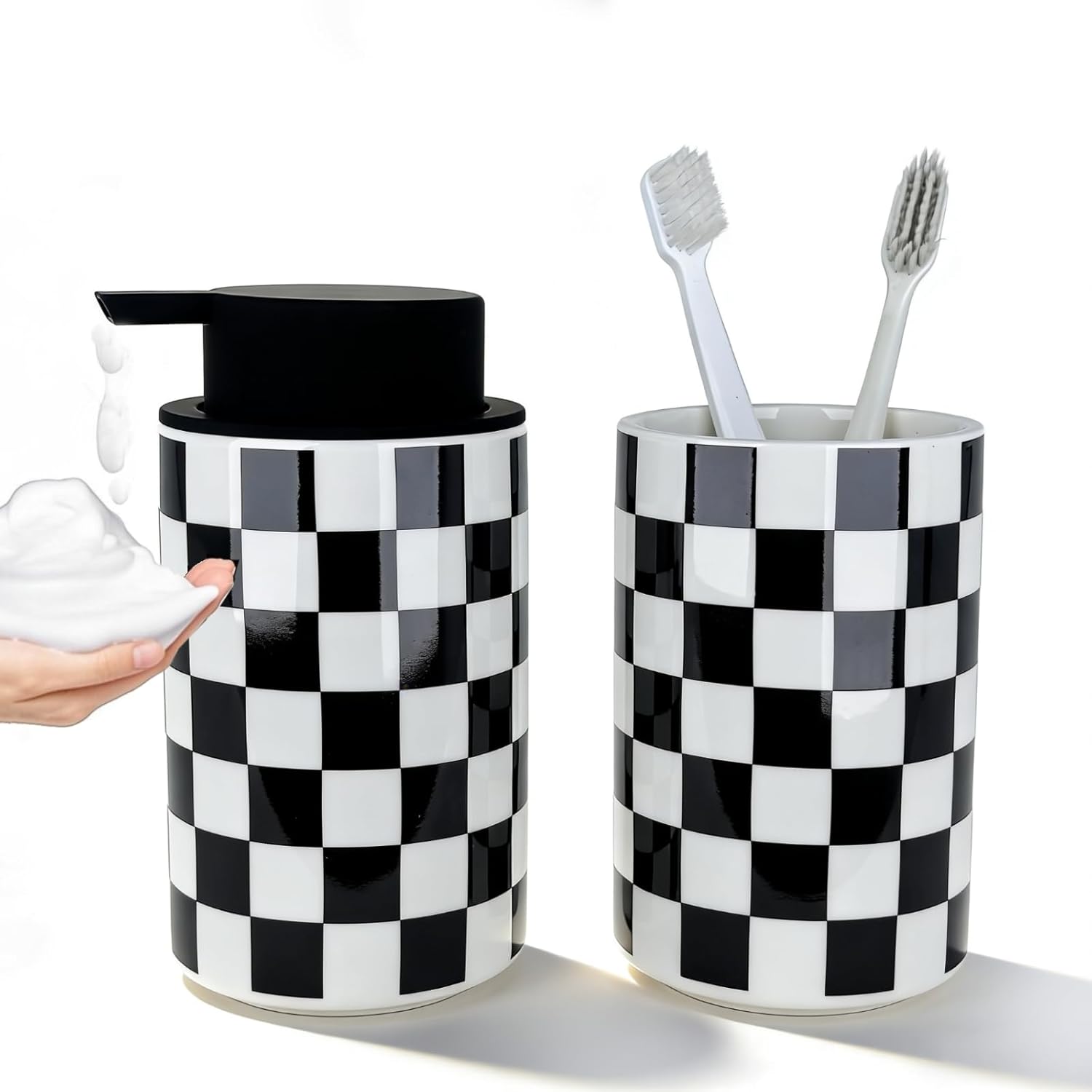 Bathroom Toothbrush Holder Set, Ceramic Foaming Soap Dispenser and Tooth Brush Holder Set, Modern Bathroom Accessories Sets Countertop, Black and White Checkered Bathroom Decor Set