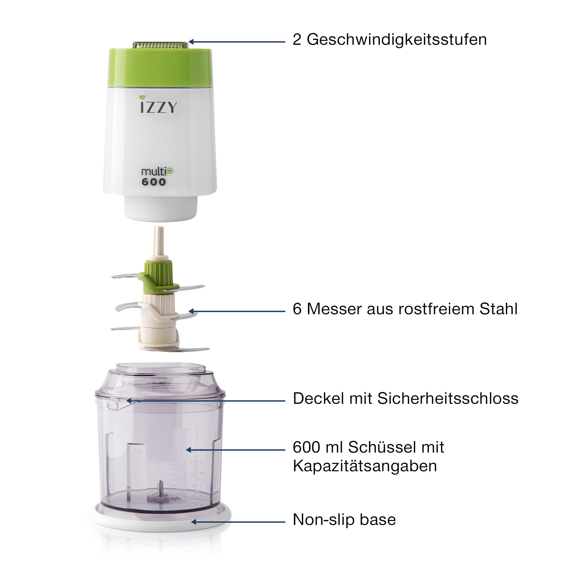 Benrubi IZZY Multi+ 600, der 6 Klingen Zerkleinerer, elektrischer Multizerkleinerer, Zwiebelschneider, Gemüseschneider, 600W, 600 ml Fassungsvermögen