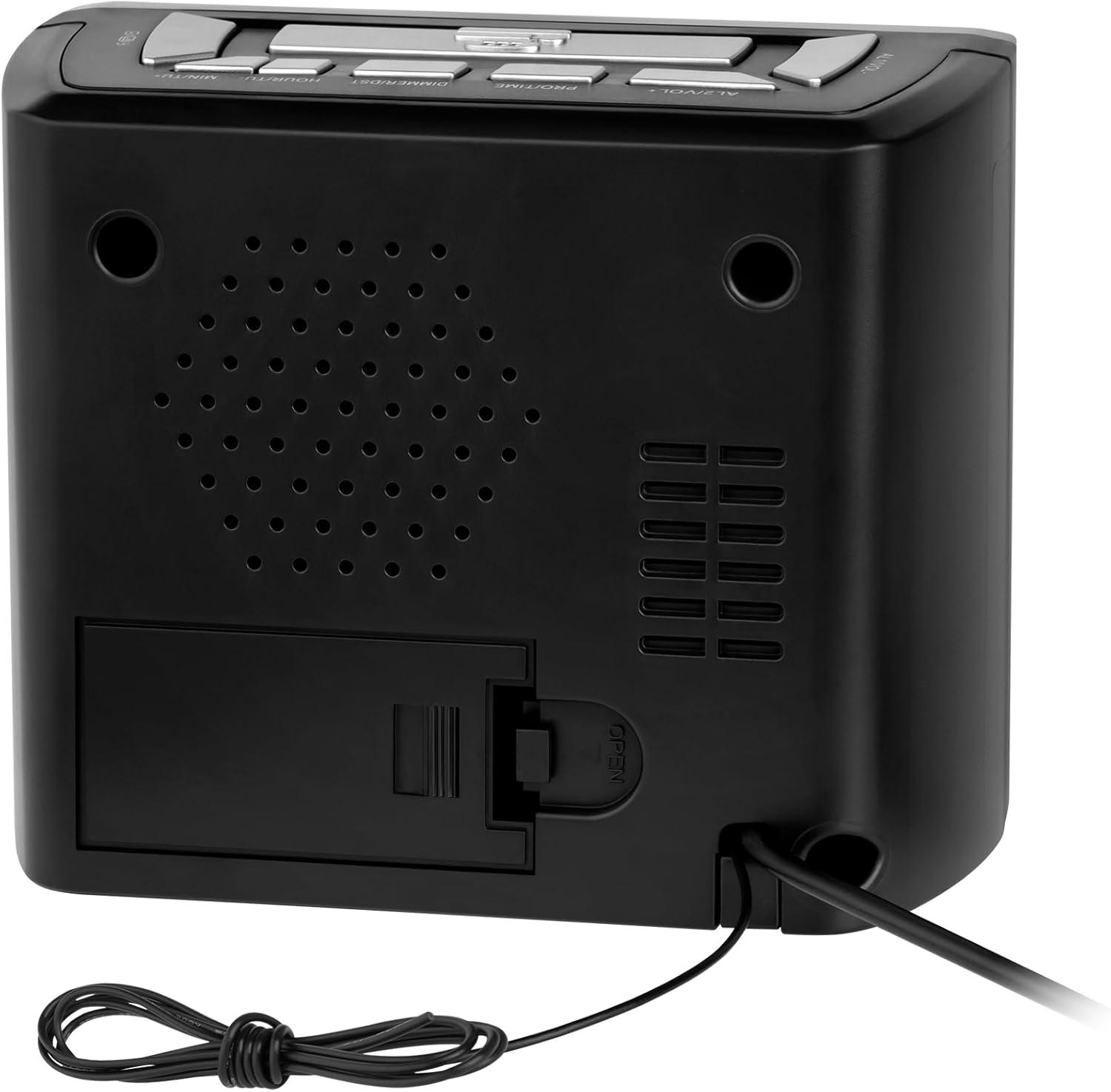 Задна view of the Kruger & Matz KM0821 Digital Alarm Clock Radio showing speaker, battery compartment, and power cord