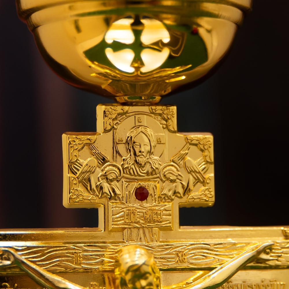 Orthodox Christian Vigil Lamp, Zinc Alloy Crucifix Base with Red Glass Cup & Wick Holder, 10" Tall Religious Prayer Oil Lamp for Church Home Decor