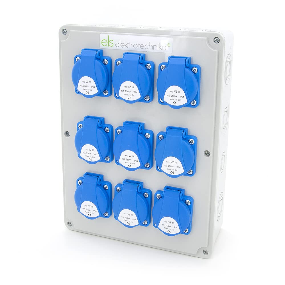 ELS Elektrotechnika Distributore di corrente da costruzione, 9 x 230 V, prese Schuko IP54, distributore a parete, pronto per il collegamento, per interni ed esterni, officine, fabbriche