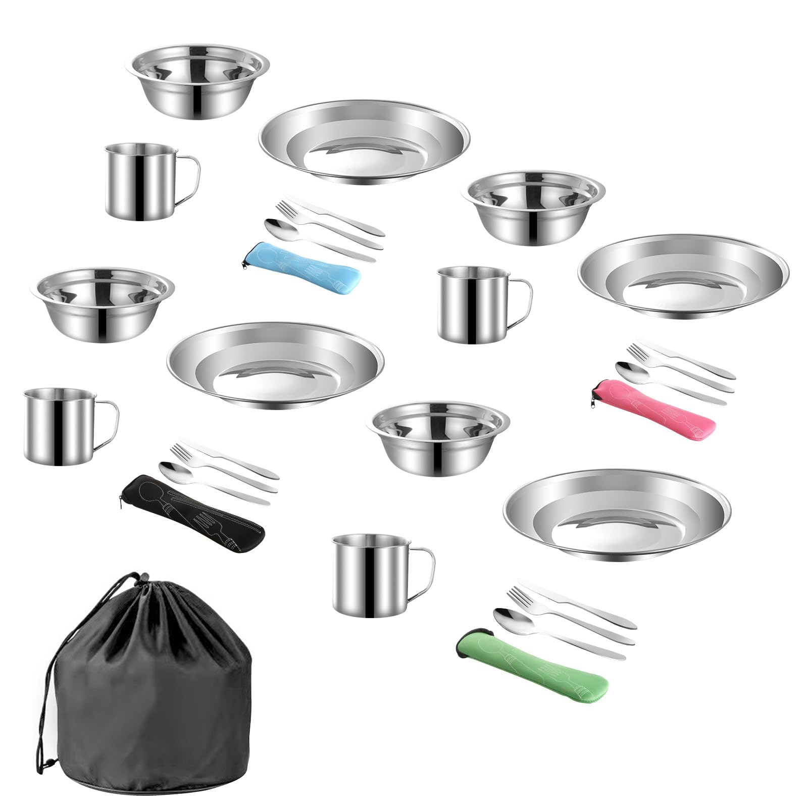 Tissting 24 Pièces Lot de Ustensiles de Cuisine de Camping pour 4 Personnes, Kit Cuisine de Camping, Vaisselle de Camping en Acier Inoxydable avec Assiettes, Tasses, Cuillères, Fourchettes Couteaux