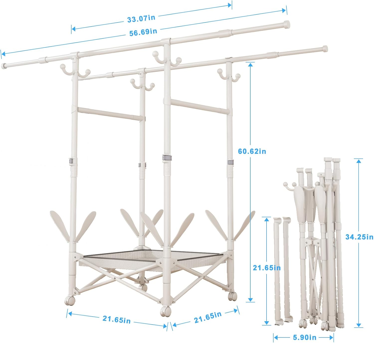 Portable Foldable Clothes Drying Rack - Adjustable Double Extendable Rods (33.1” to 56.7”) - Easy No-Assembly Space-Saving Design with Free-Standing Wheels -Suitable for multiple scenarios (White)