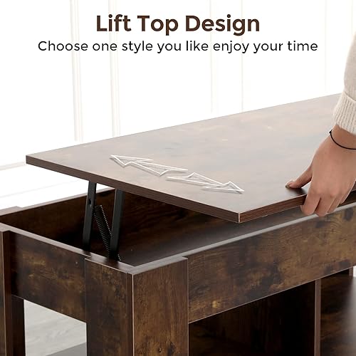 Miniatura 4 de Mesa de centro elevable con almacenamiento, 2 estantes abiertos y compartimento oculto, mesas de centro de elevación modernas de madera para sala de