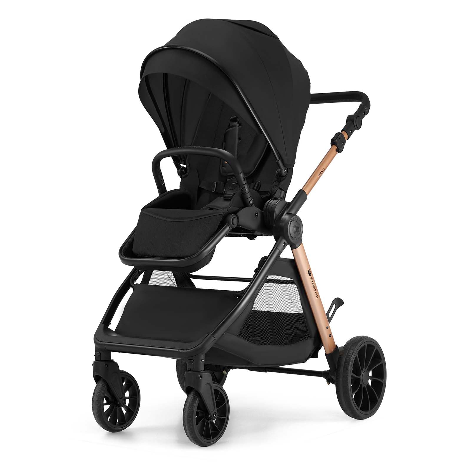 Kinderkraft VESTO 2 wózek dziecięcy 2 w 1 do 22 kg, fotelik dziecięcy dwustronny, kompaktowy składany jedną ręką, system podróżny, pełne zawieszenie, akcesoria, kolor czarny