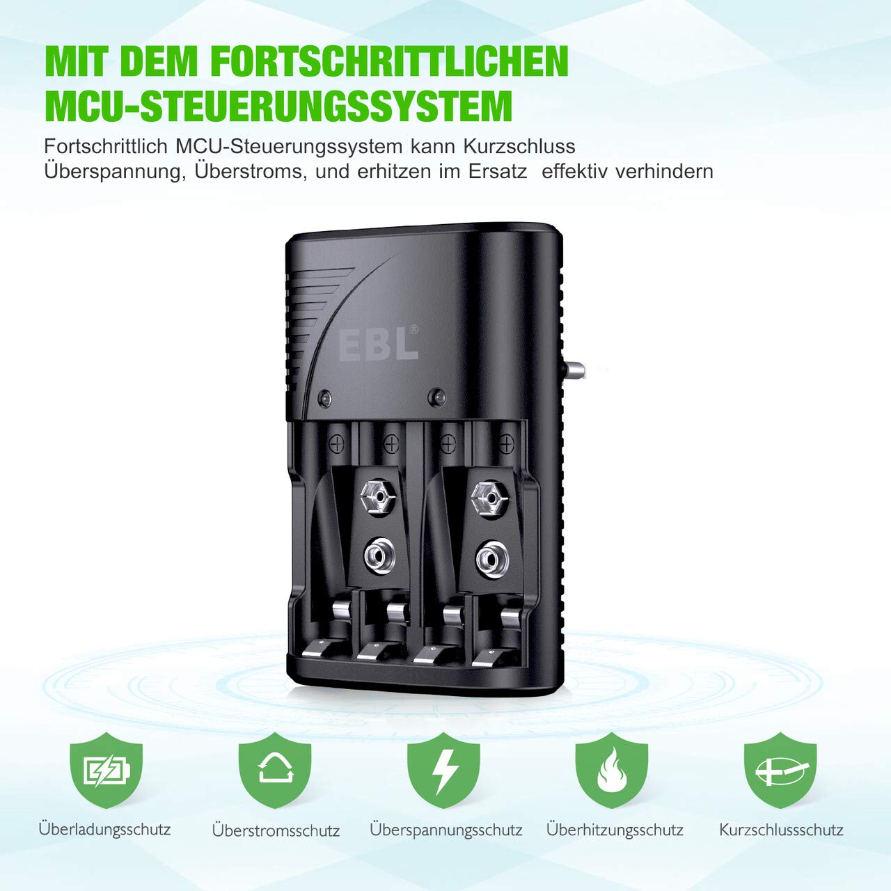 EBL Plug Caricabatterie Universale per AA e AAA 9V Ni-MH Batterie Ricaricabili, Carica Rapida, Indicatori LED Intelligenti