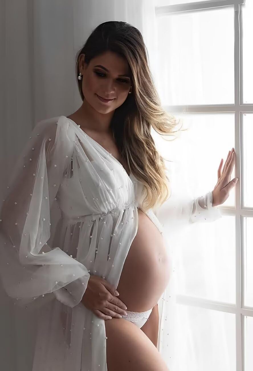 Pearl Tulle Maternity Dress for Photoshoot Long Puffy Sleeve Maternity Photoshoot Gown Babyshower Pregnancy Gown