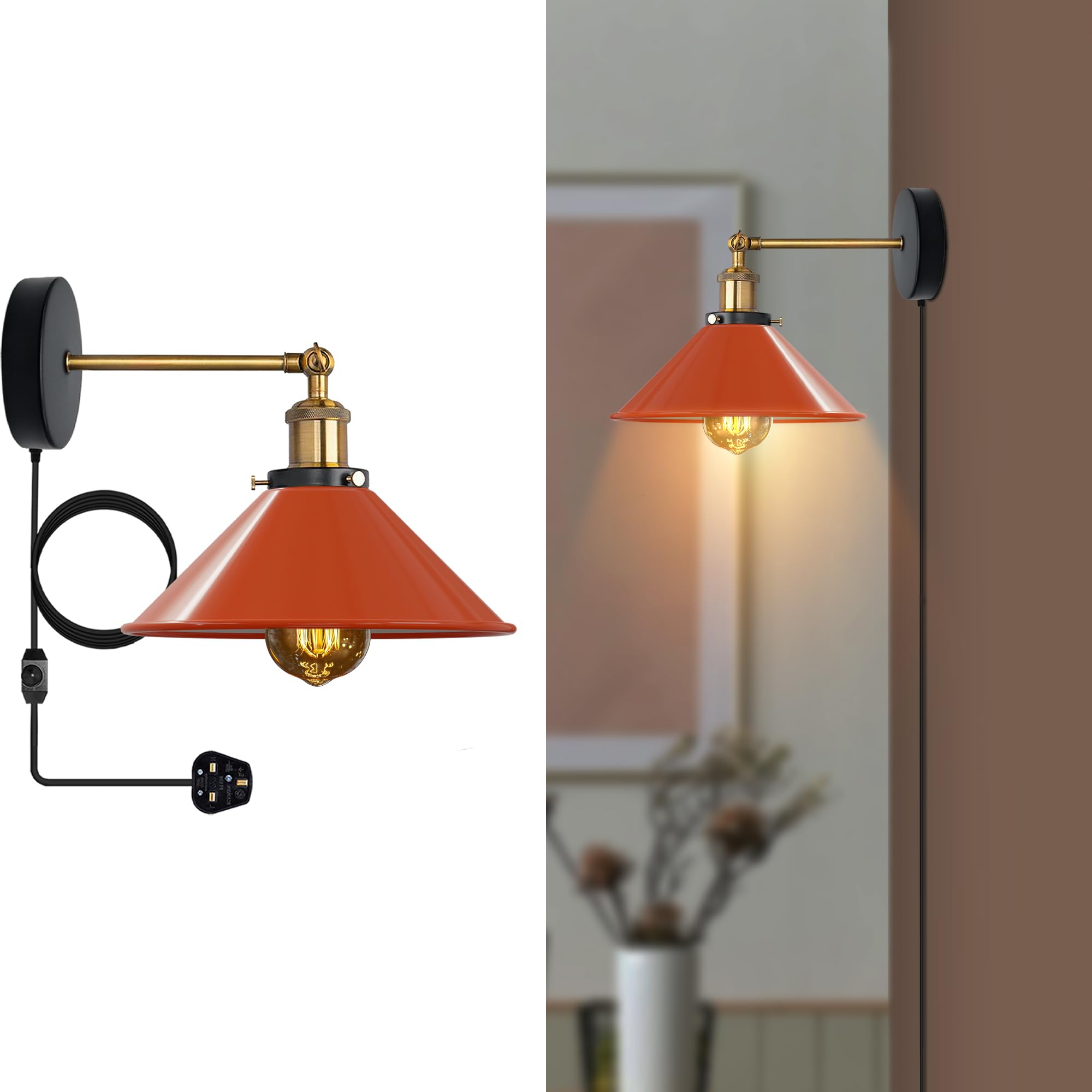 Ledsone Orange Retro Plug In Wall Light Lamps With 2M Plug In Cable Cord And Dimmer Switch, Edison Metal Swing Adjustable E27 Wall Sconce, Vintage Industrial Indoor Reading Bedside Lamp (Orange)