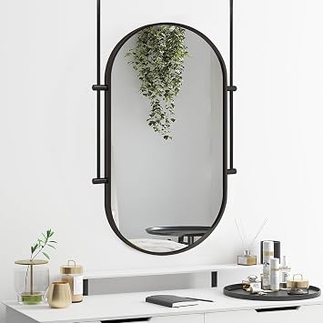 Hanging Rod Mirrors for Wall Decor, Ceiling Mount Bathroom Mirror, Floating Vanity Makeup Mirror with Black Metal Frame, Oval Mirror - Customizable50cmx70cm
