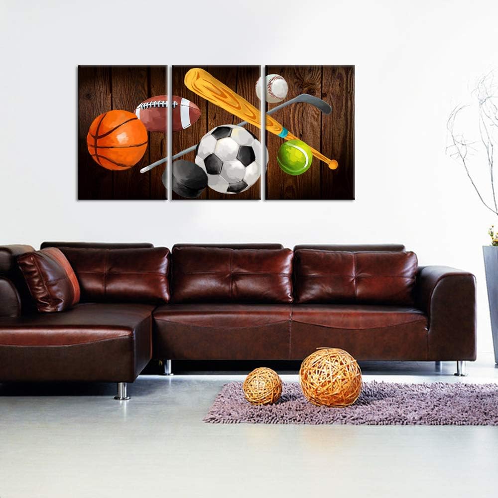 3 Pieces Vintage Sports Canvas Wall Art Basketball Football Baseball Soccer Hockey Balls Picture Prints for Living Room Bedroom Office Ready To Hang 16x24inchx3pcs