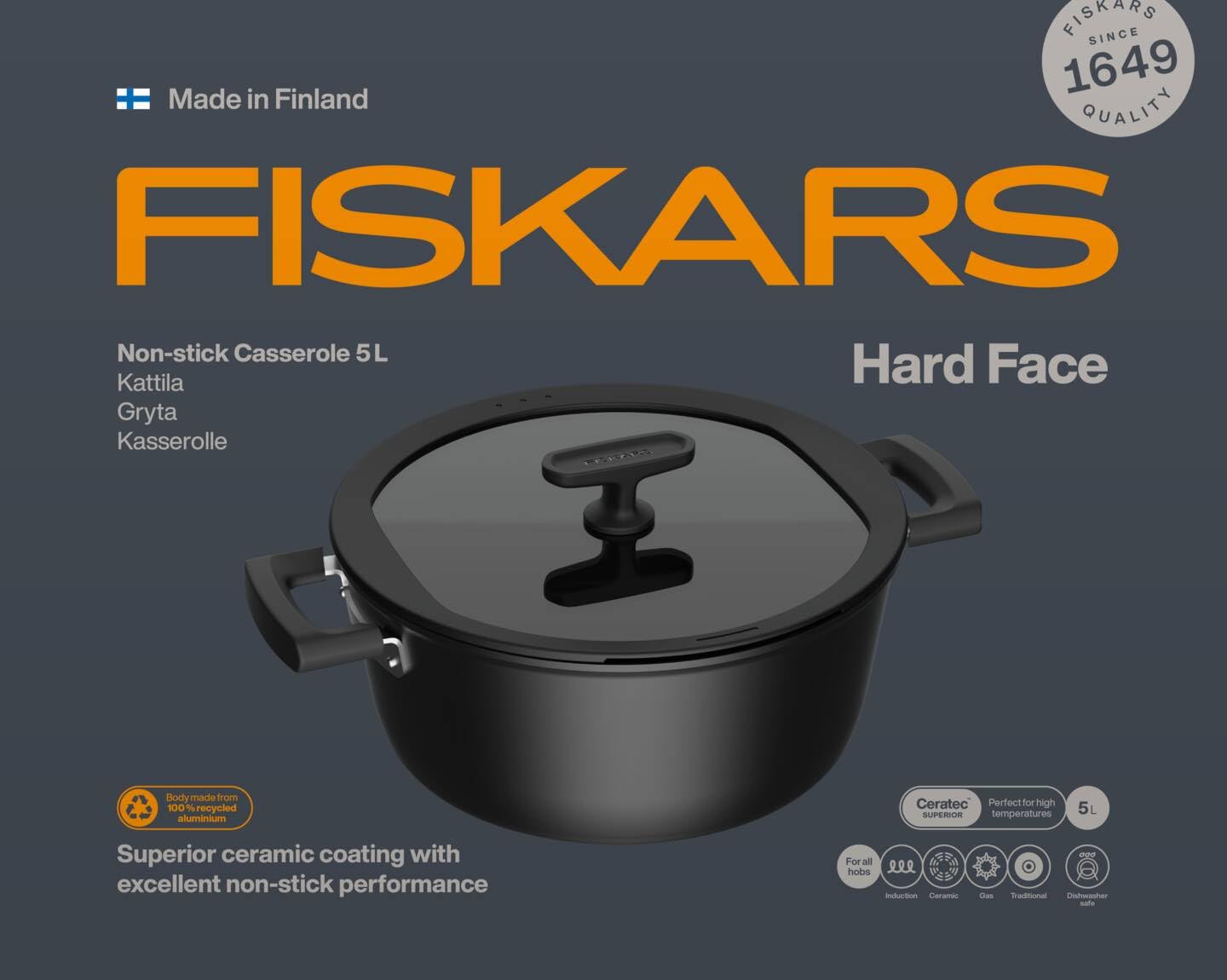 Fiskars Casseruola con Coperchio, Hard Face, Diametro 26 cm | Capacità: 5 litri, Rivestimento Antiaderente, Resistente ai Graffi, Alluminio/Plastica, 1075527