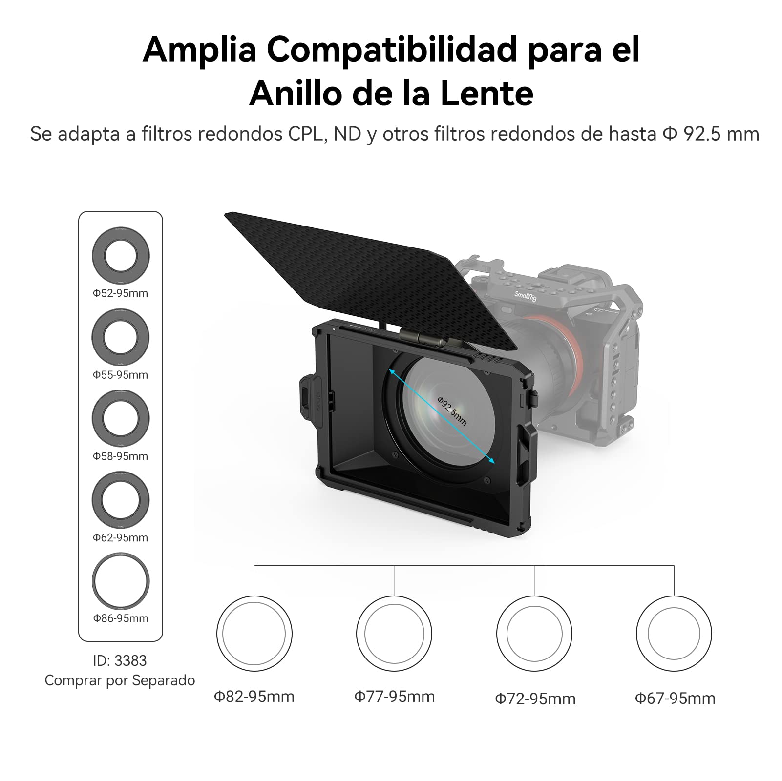 SMALLRIG Mini Matte Box Lite con Bandera Superior para Cámaras DSLR y sin Espejo, Caja Mate Compatible con Lentes de 67mm/72mm/77mm/82mm/95mm, Viene con Bandeja de Filtro - 3575