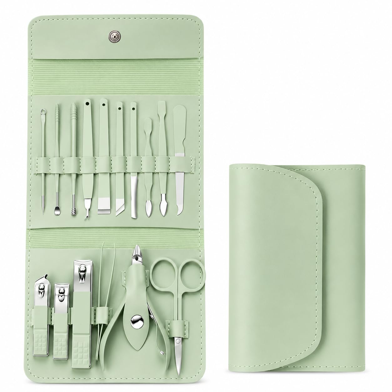 16-Piece Professional Manicure & Pedicure Kit, Stainless Steel Nail Clipper Set, Nail Care Grooming Tools for Hands, Feet & Facial Care, Green-picture-50