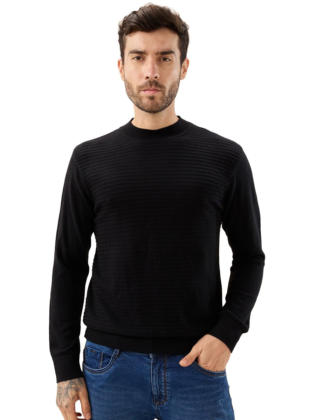 status quo Men's Solid Textured Full Sleeves Round Neck Regular Fit Fleece Sweater-picture-26