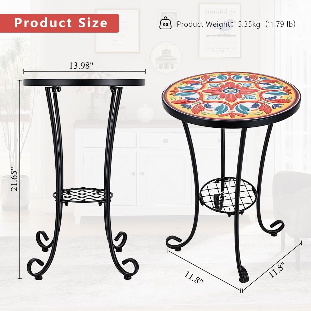 14 Inch Mosaic Patio Round Side Table with Scroll Legs