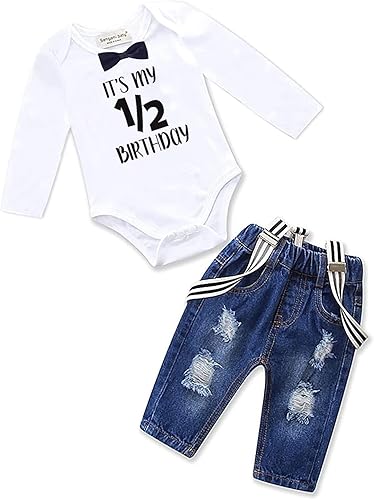 Pinleck Conjunto de ropa de cumpleaños para bebé y niño con tirantes rasgados pantalones de mezclilla