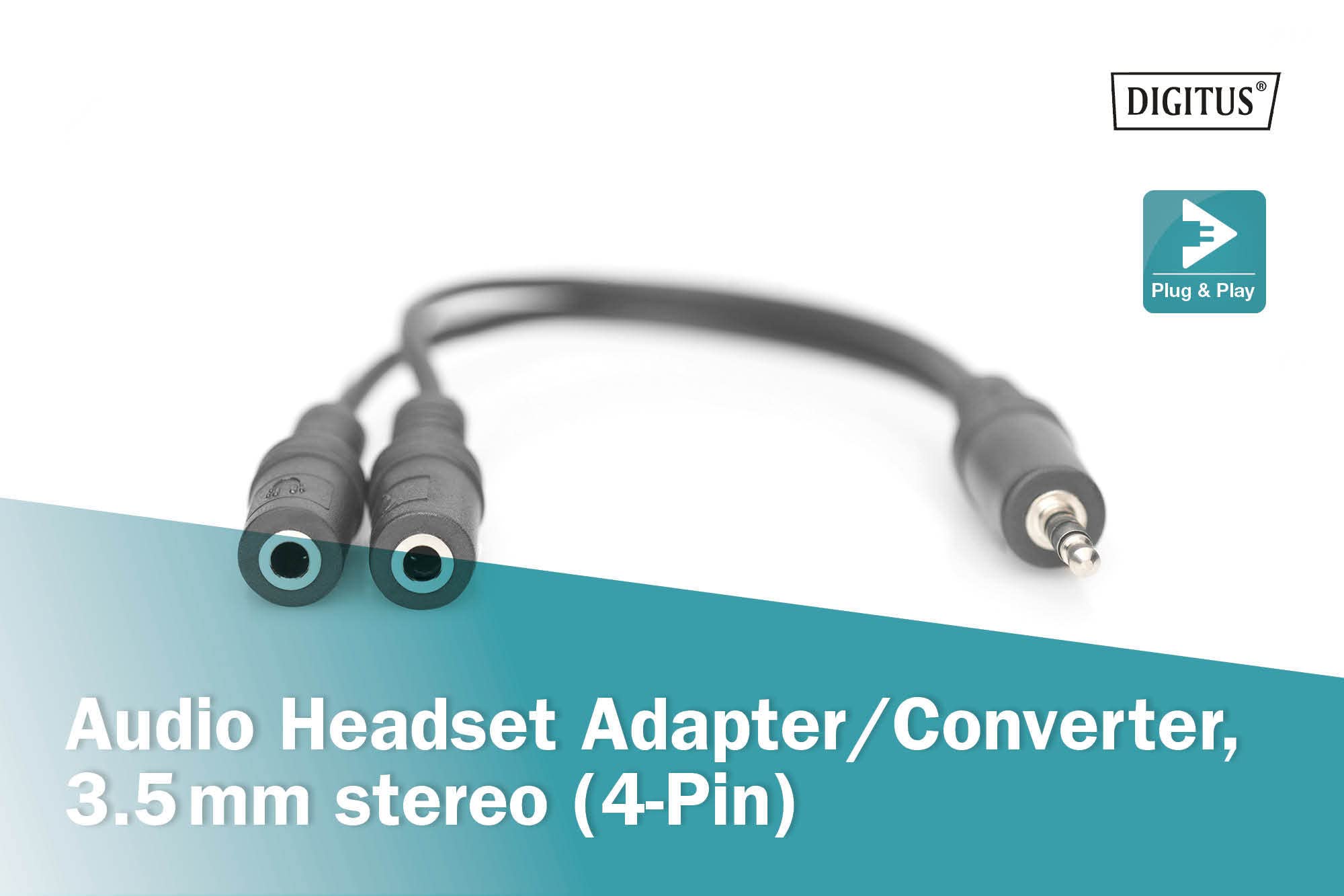 DIGITUS adapter słuchawek stereo - 2x gniazdo 3,5 mm na jack 3,5 mm - adapter mikrofonu - adapter słuchawek - 0,2 m - czarny - do smartfonów, komputerów, laptopów, konsol do gier, kontrolerów gier