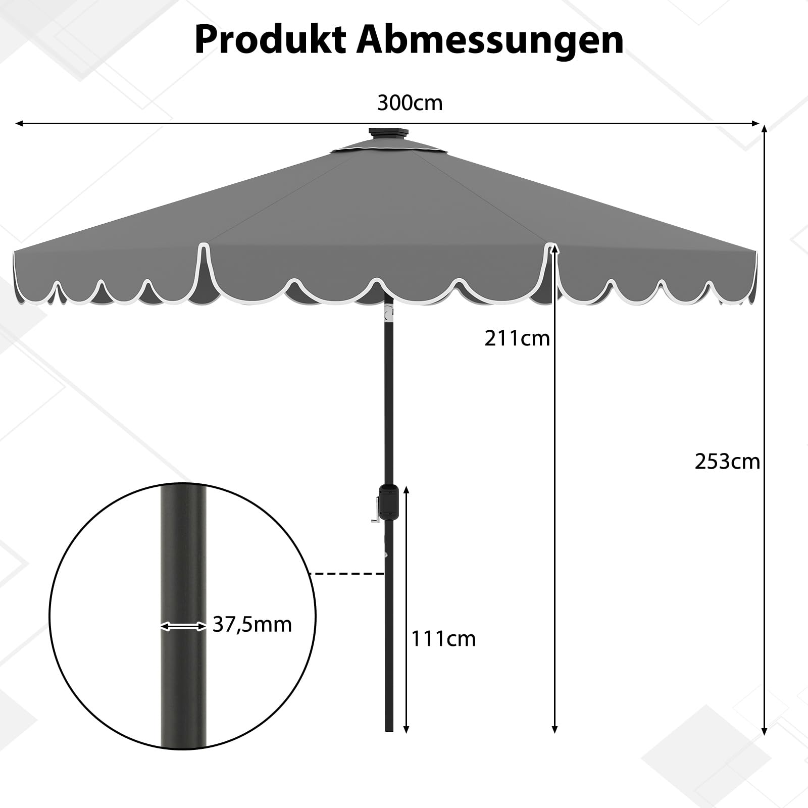 COSTWAY 300 cm Sonnenschirm mit LED-Beleuchtung, Gartenschirm mit Kurbel