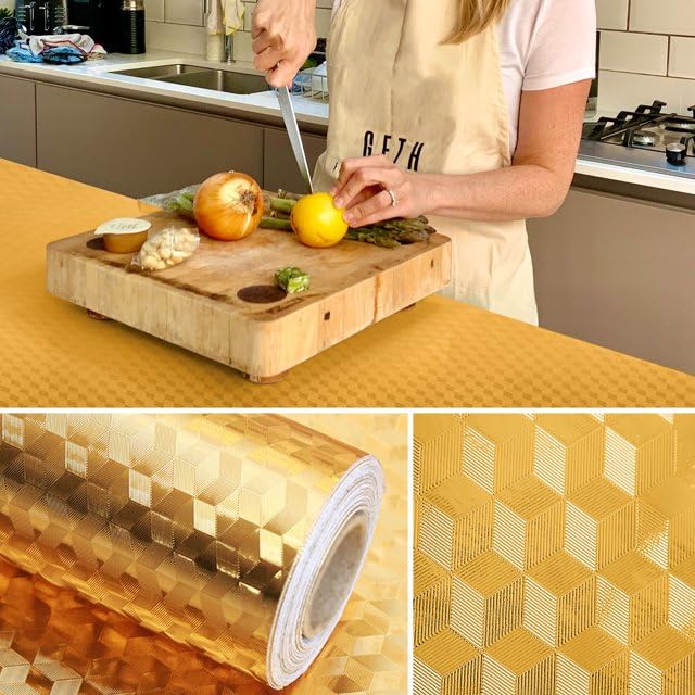 Image of SIA VENDORS Kitchen Waterproof Oil Proof Aluminum Foil Sticker, Silver Chequer Peel and Stick Wallpaper Removable and Self Adhesive Paper for Kitchen Countertops Cabinet (3D Gold, 12 x 48 Inch)