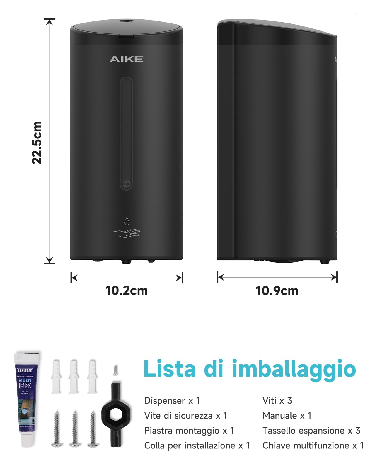 AIKE Dispensatore Automatico Sapone Classico,finitura Acciaio Inossidabile | Grande Capacità Da 740ML, Regolazione A Cinque Livelli, Distributore Di Sapone Liquido Impermeabile, Adatto Per Commerciale