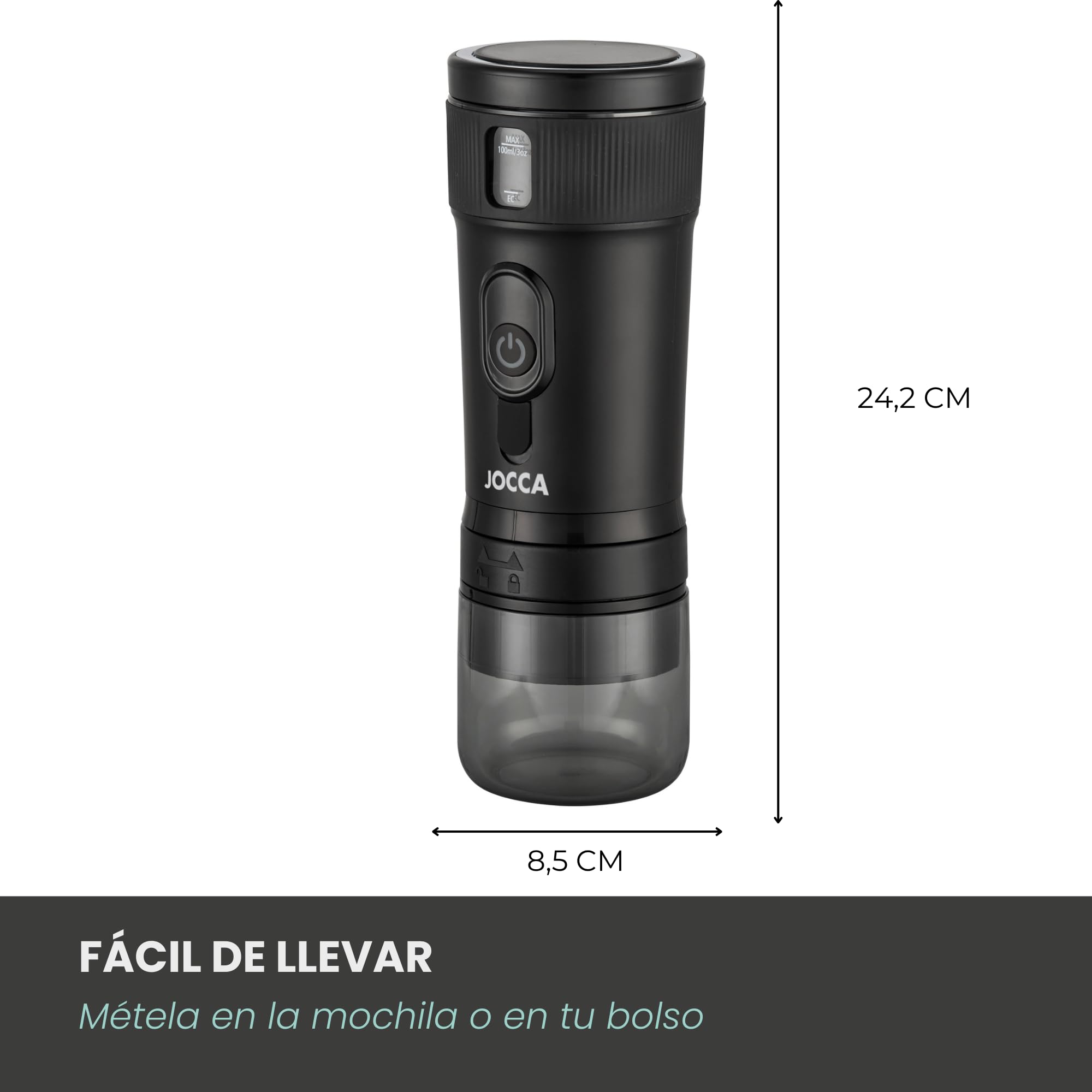 Jocca – Cafetera Portátil 3 en 1 | Compatible con Cápsulas Nespresso, Dolce Gusto y Café Molido | 15 Bares, Batería 2600mAh, Calentador 100W, USB-C, 100ml, Café Caliente en 8 Minutos