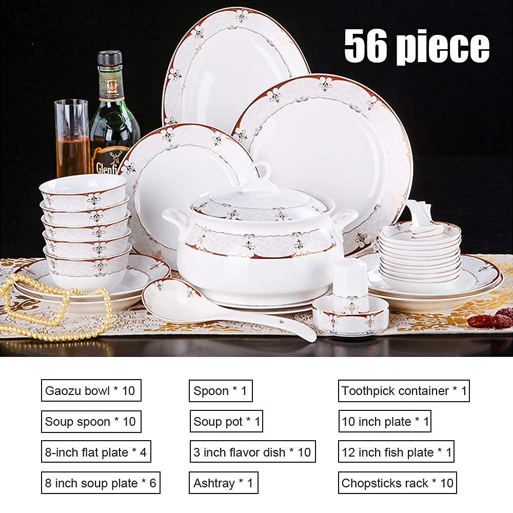 Zestaw naczyń ceramicznych, 56 sztuk Luksusowe zestawy obiadowe z porcelany kostnej/zestaw kombinowany porcelany - Zestawy talerzy i misek na prezenty ślubne