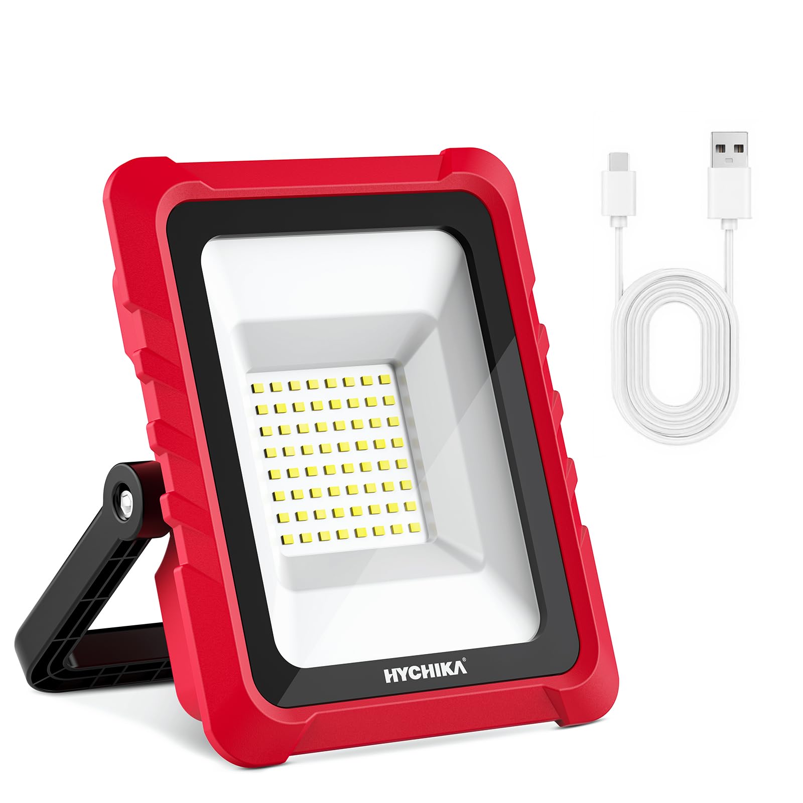 HYCHIKA reflektor LED akumulatorowy, 20 W, 2000 lm, 6500 K, z portami ładowania USB i typu C, wodoszczelność IP65, nadaje się na kemping, na plac budowy
