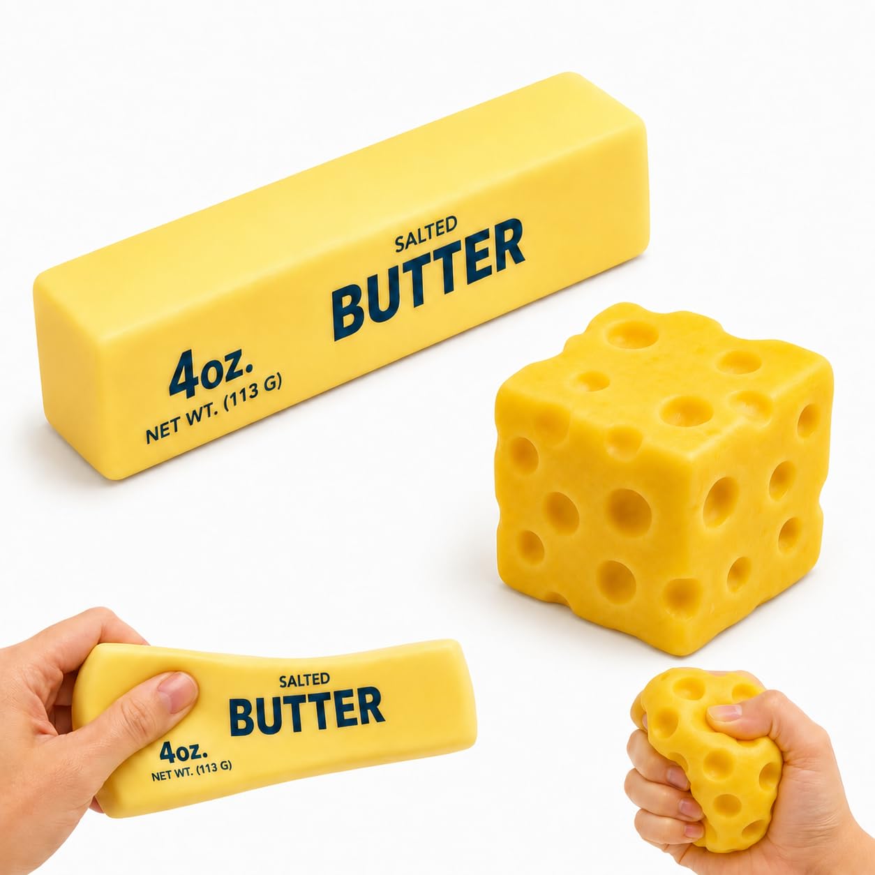 ICONRY 2 PCS Butter and Cheese Squishy Toys, Soft Slow Rising Food Squeeze Toy Set, 1 Butter Squishy and 1 Cheese Cube, Stress Relief Fidget Sensory Toys for Kids Adults