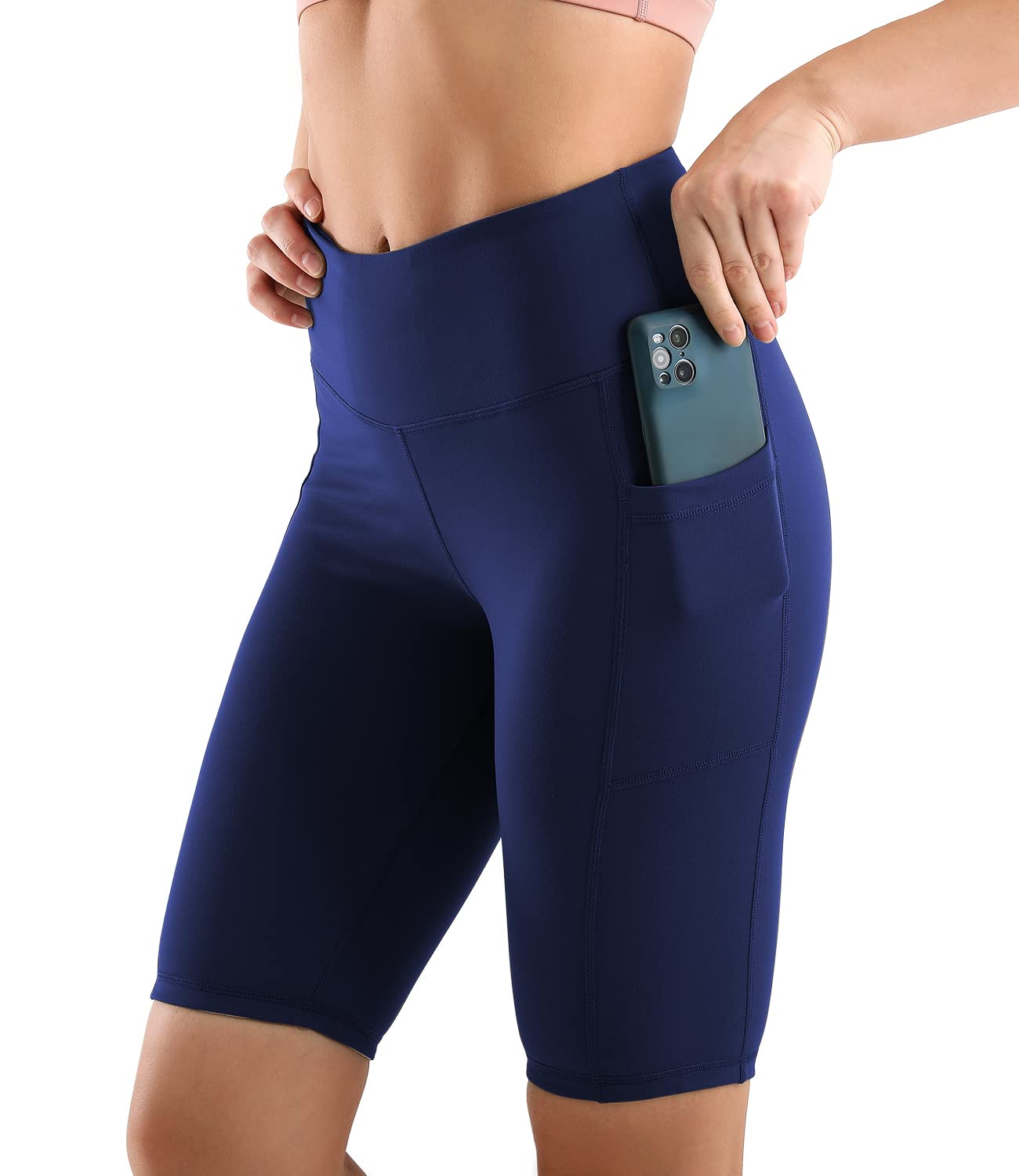 Photo 1 of  Yoga Workout Shorts for Women 8 Inch High Waisted Dual Pockets Tummy Control Short Tights Exercise Biker Pants Small Navy