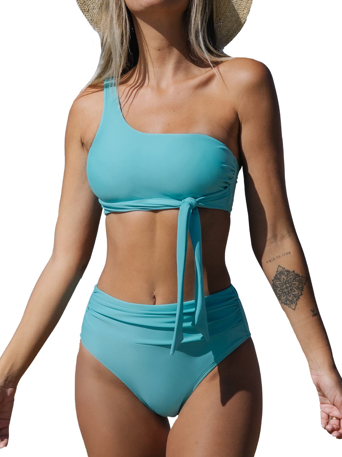 CUPSHEWomen One Shoulder Bikini Set Two Piece Swimsuit Tie High Waisted Mid Cut Ruched Removable Soft Cups