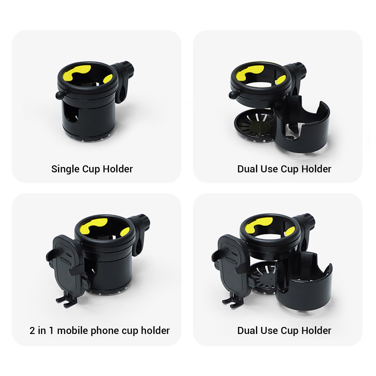 Double Drink Holder with Phone Clamp, 3 in 1 Stroller Bottle Holder, Adjustable Angle Clip Cup Holder (Black Yellow)