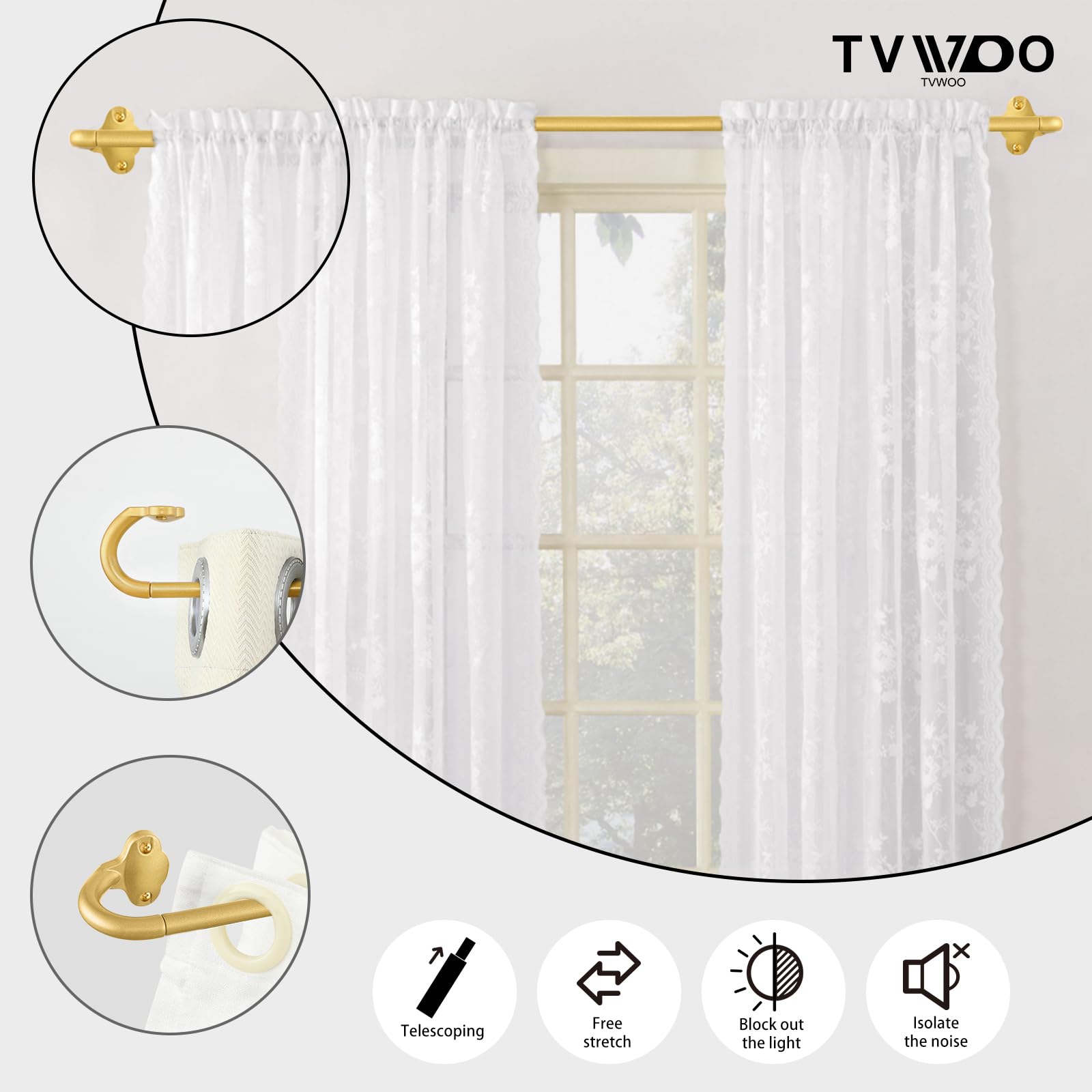 TVWOO Tringles à rideaux enveloppantes occultantes et ajustables de 1,6 cm de diamètre pour obscurcissement de chambre, cuisine, appartement, faciles à installer, 167,6 à 304,8 cm, laiton doré