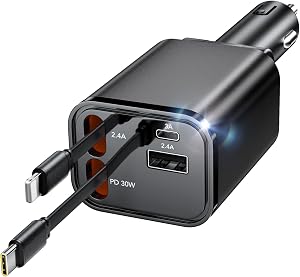 Retractable Car Charger Adapter for iPhone 17,4 in 1 Fast Charging Car Phone Charger,69W USB C Car Truck Accessories,Road Trip Essentials Gift for Men Women for iPhone 17 Pro Max 16 15 14 13 12,Galaxy