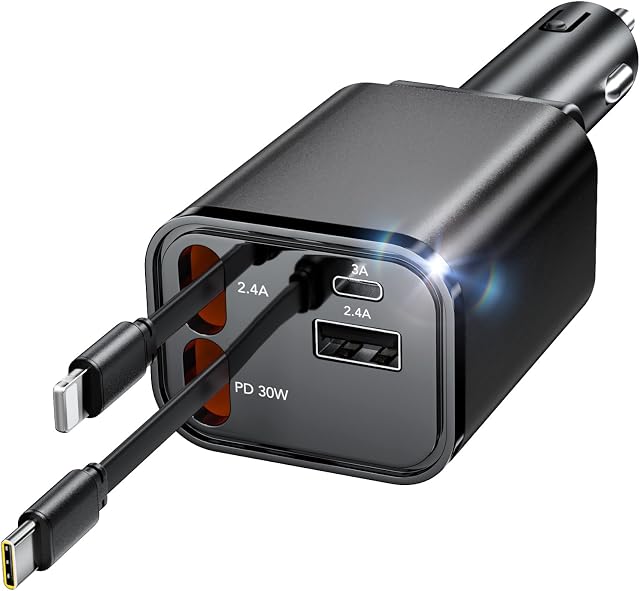Adaptateur de chargeur de voiture rétractable pour iPhone 17,4 en 1 Chargeur de téléphone de voiture rapide,69W USB C Car Truck Accessoires, Voyage routier Essentiels Cadeau pour hommes Femmes pour iPhone 17 Pro Max 16 15 14 13 12,Galaxy