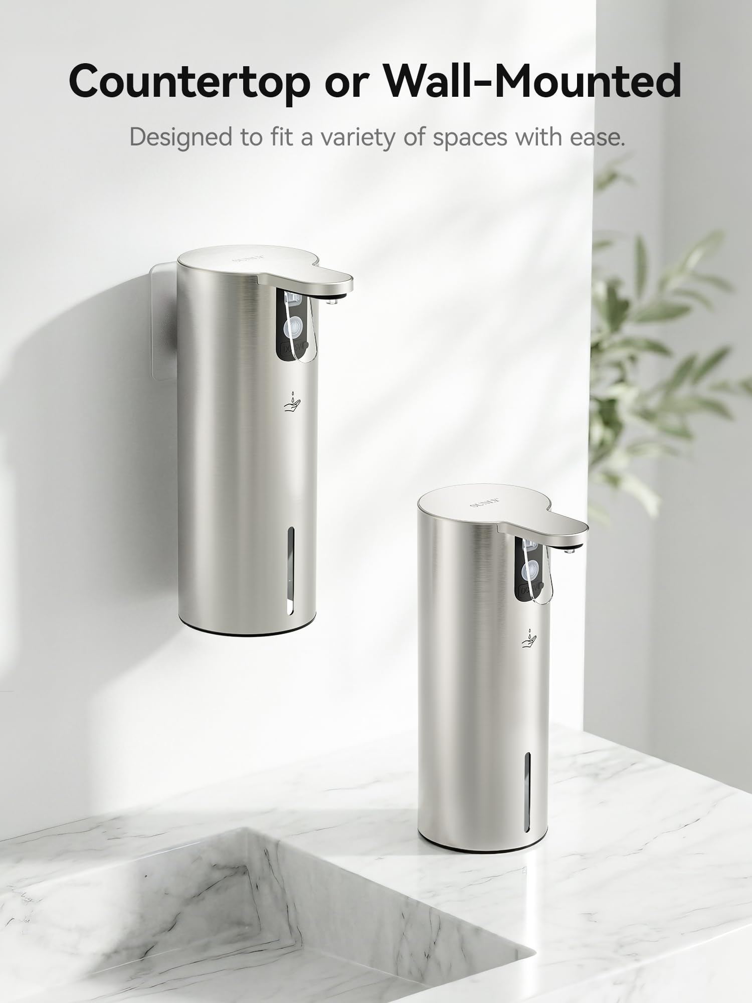 SUNLY Dispensador de jabón líquido a presión, bomba de jabón de acero inoxidable para cocina, dispensador de jabón de manos recargable sin contacto para baño, pared o encimera, color plateado