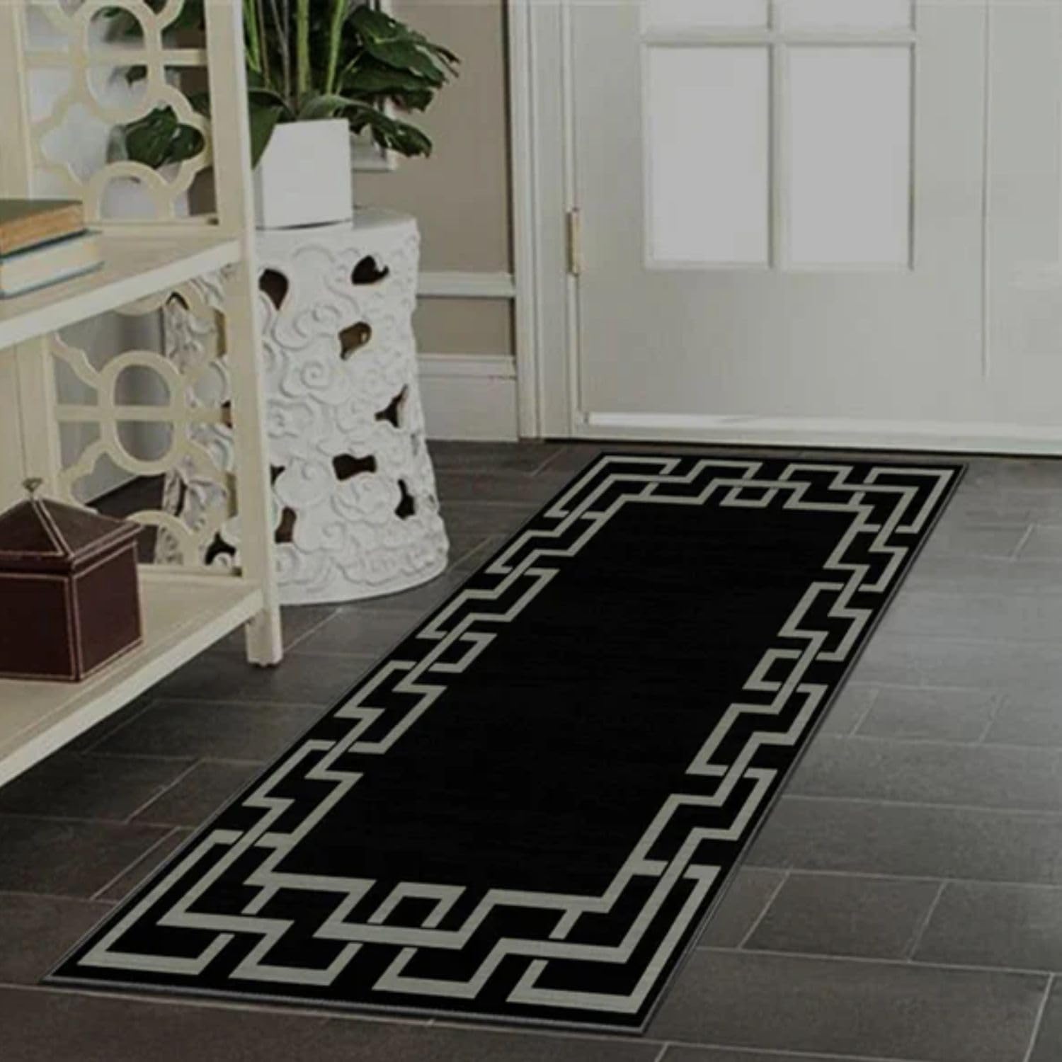 BedLooms Runner Rugs for Hallway Non-Slip Entryway Bedside Rugs 60x110 cm Greek Key Pattern Printed Design Black and Grey bedroom Living Room Rug (Nico Black)