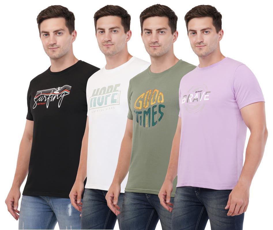 BETROST Men’s Printed Super Cotton Rich Regular Fit Round Neck Half Sleeve T-Shirt (Pack of 4)