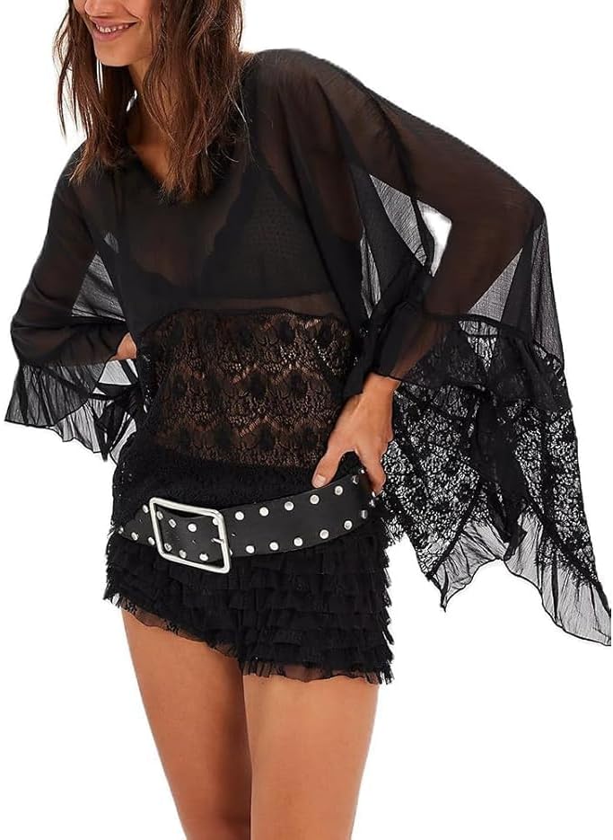 Women Y2K Sheer Lace Poncho Top Ruffle Batwing Sleeve Shawl V Neck Cover Up Open Side See Through Flowy Blouse