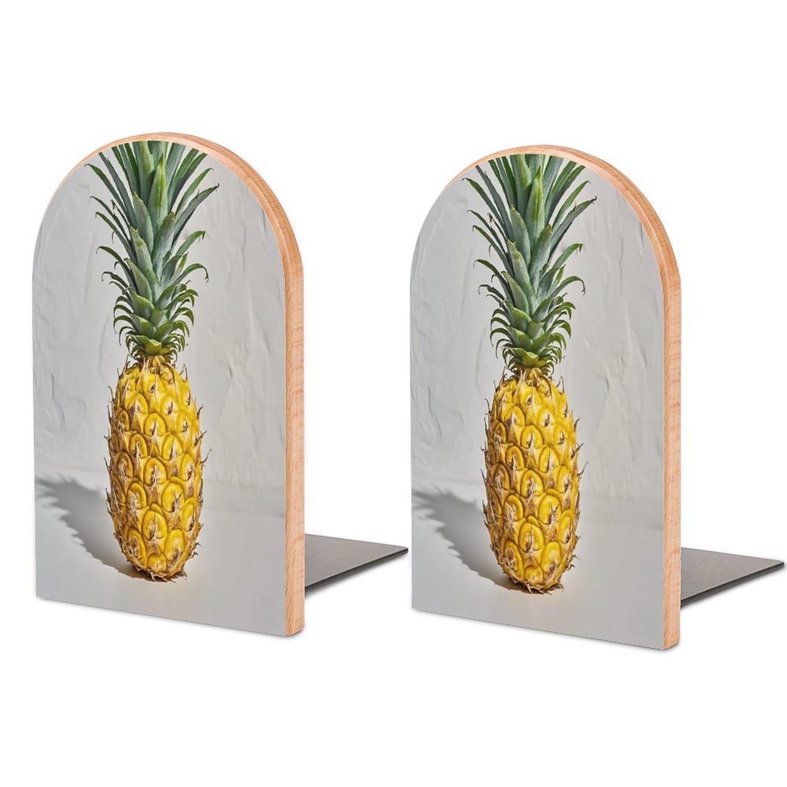 Yellow Pineapple Bookend for Shelves Wooden Book End Sturdy Book Holders Stoppers with Metal Base for Bookshelves Slick Decorative Bookends Stands