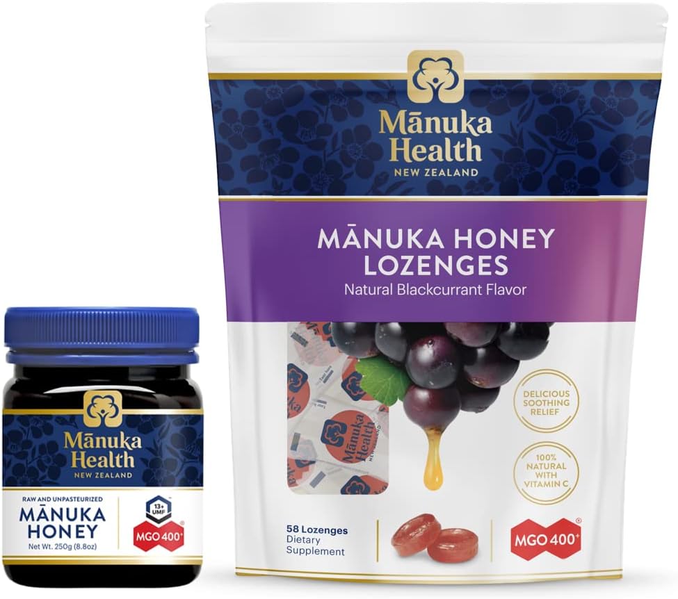 Manuka Health, Manuka Honey MGO 400+ Raw Manuka Honey 8.8 oz., Jar and Manuka Honey Lozenges MGO 400+, 8.8 oz Bag, Black Currant