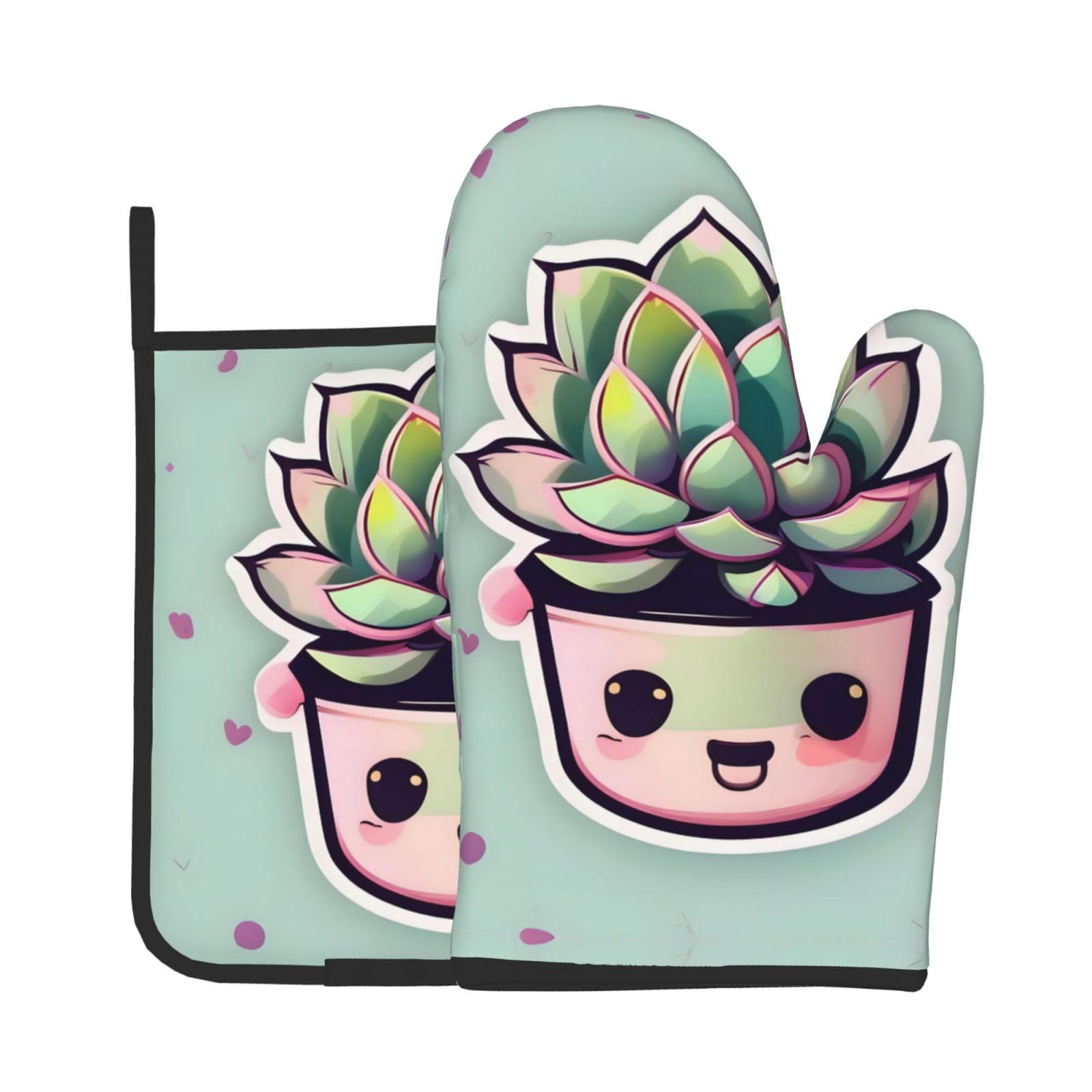 Oven Mitts and Potholders Set of 2 for Kitchen Baking Cooking GraySmiling Succulents Thick and Durable