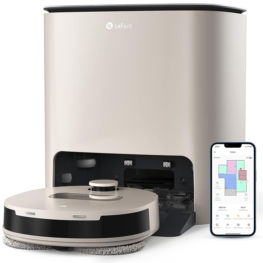LEFANT T1 Robot Lavapavimenti con Base Autopulente e Asciugatura ad Aria a 40°C, Zone No-Go per Tappeti, Navigazione LiDAR dToF, Riconoscimento Ostacoli, Compatibile con Alexa/App/WiFi