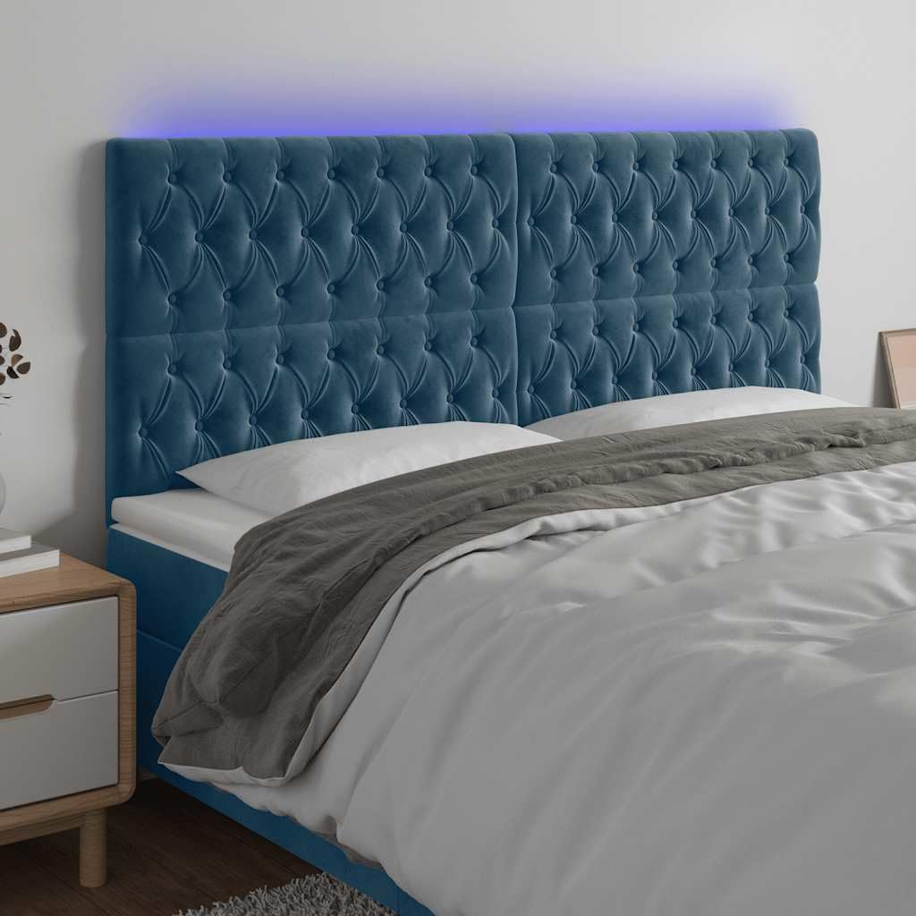 Cabecero de cama LED azul oscuro, 180 x 7 x 118/128 cm, terciopelo, altura regulable, tiras LED recortables, diseño moderno y cómodo respaldo para dormitorio juvenil