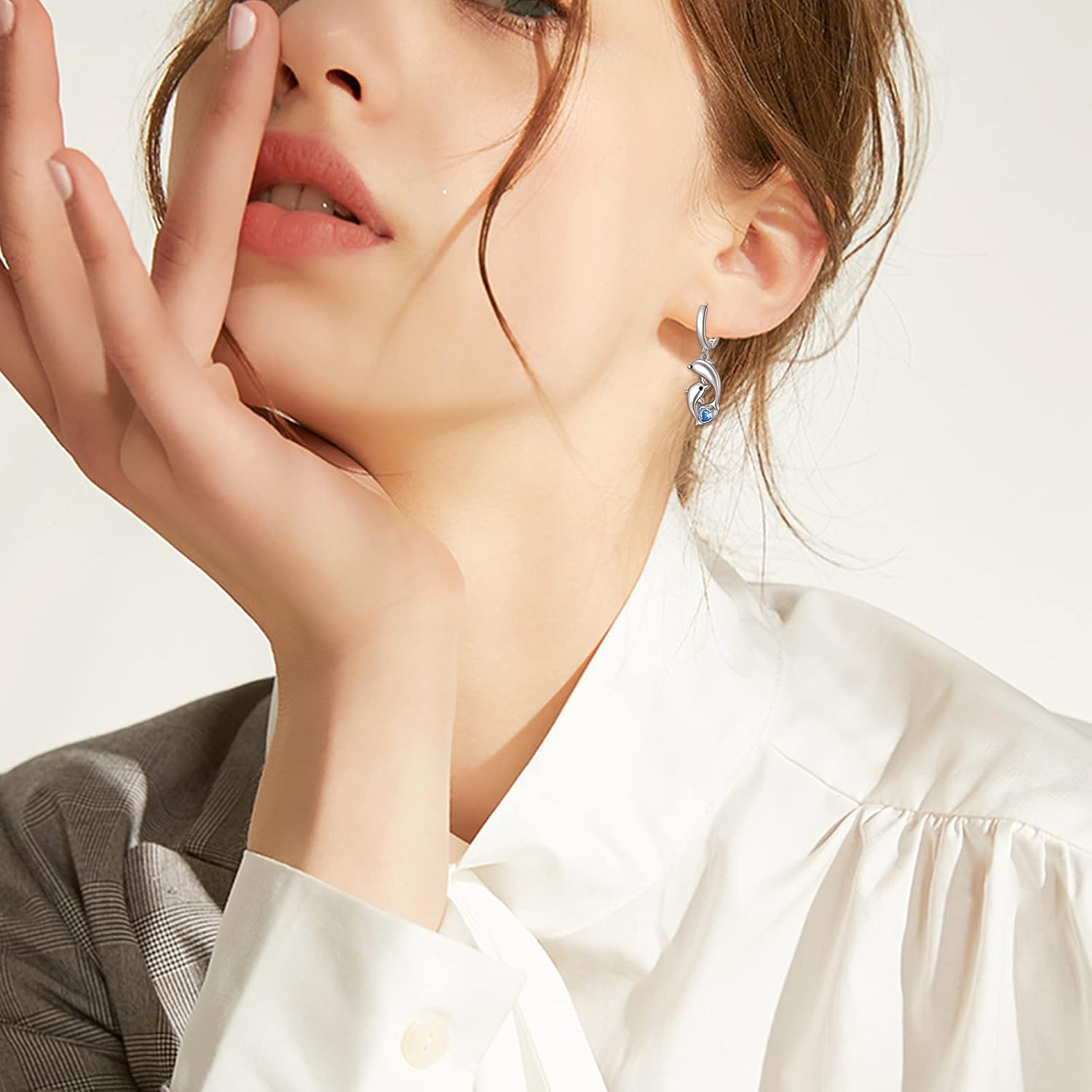 Dolphin Earrings for Women, Sterling Silver with Blue Heart Shaped Crystals Circle Hoop Earrings Ocean Nautical Cute Animal Sailor Drop Earrings for Sensitive Ears Jewelry for Best Friend - Image 4