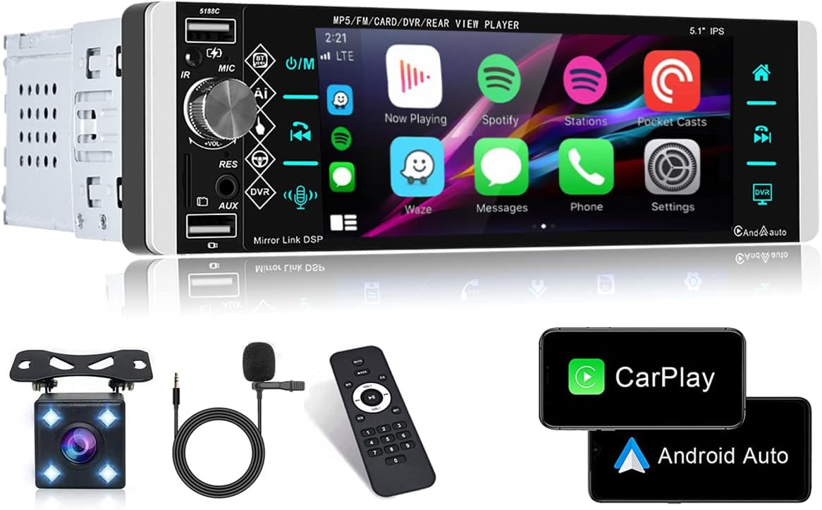 1 Din Autoradio Apple CarPlay Android Auto Bluetooth con 5.1 Pollici Touchcreen IPS Schermo con