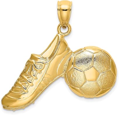 14K Yellow Gold 2-D Polished Soccer Ball & Shoe Charm Necklace Pendant with 18" Length Chain